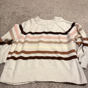 Aerie Cream Striped Crewneck Sweater with Pastel Accents
